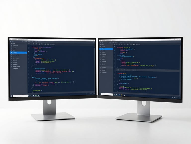 Clean tech photography of a clean code interface on a dual-monitor setup, bright high-key studio light, crisp blue and neutral tones, sharp focus, modern workspace