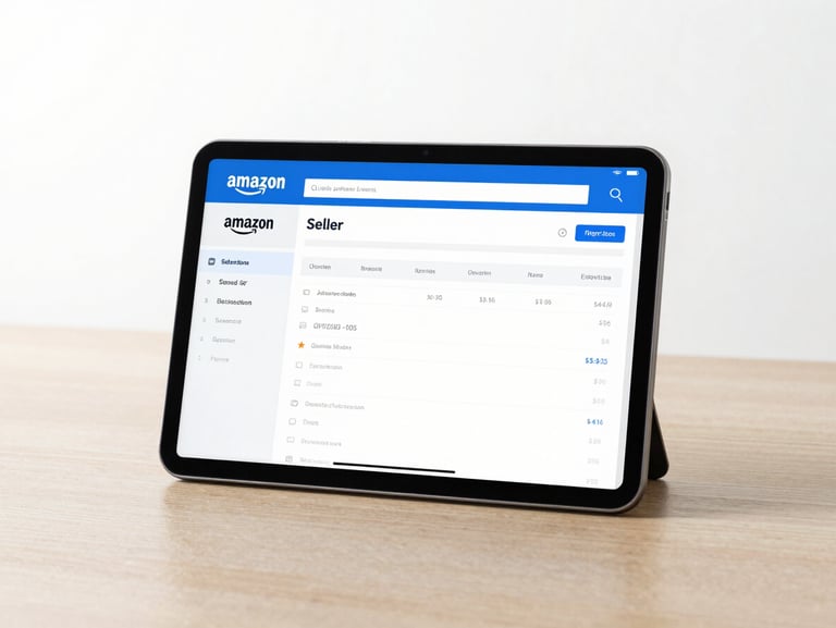 Clean tech photography of a tablet screen showing Amazon seller metrics, bright high-key studio light, crisp blue and neutral tones, sharp focus, modern workspace