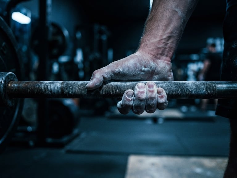 Close-up of chalked hands gripping a heavy steel barbell, moody high-contrast gym lighting with cool blue highlights, sharp focus, raw and authentic 35mm film style.