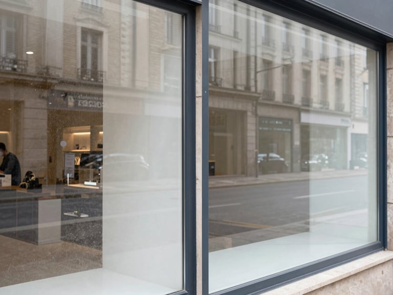 Before and after split screen of a dusty shop window in Rouen, left side dirty with water spots, right side perfectly clean and transparent, reflecting a clean street, bright natural daylight