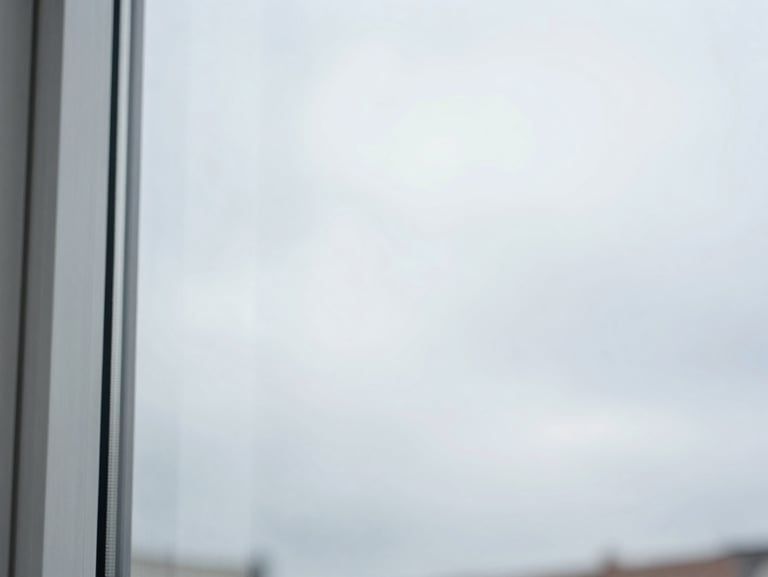 Close-up of perfectly clean, streak-free glass reflecting a bright, soft overcast sky, pristine and invisible