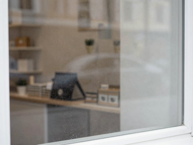 Close-up of a dusty shop window with water spots and streaks blocking the light, dull atmosphere