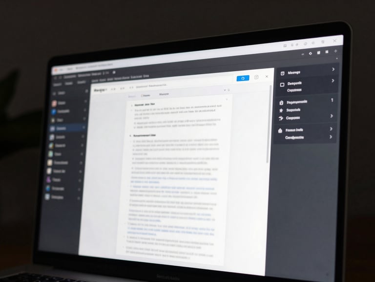 Full-width desktop browser showing a PDF tools dashboard with a document open, merge and compress controls visible in a dark sidebar, high-contrast monitor under directional studio lighting, tight UI crop