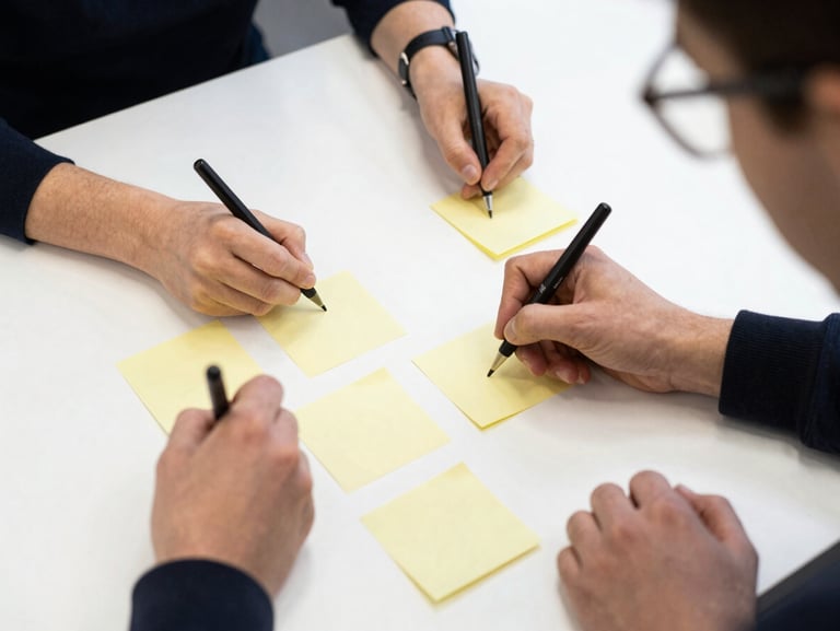 Candid overhead shot of a collaborative workshop setting, hands writing on yellow sticky notes on a white table, bright natural daylight, clean 35mm