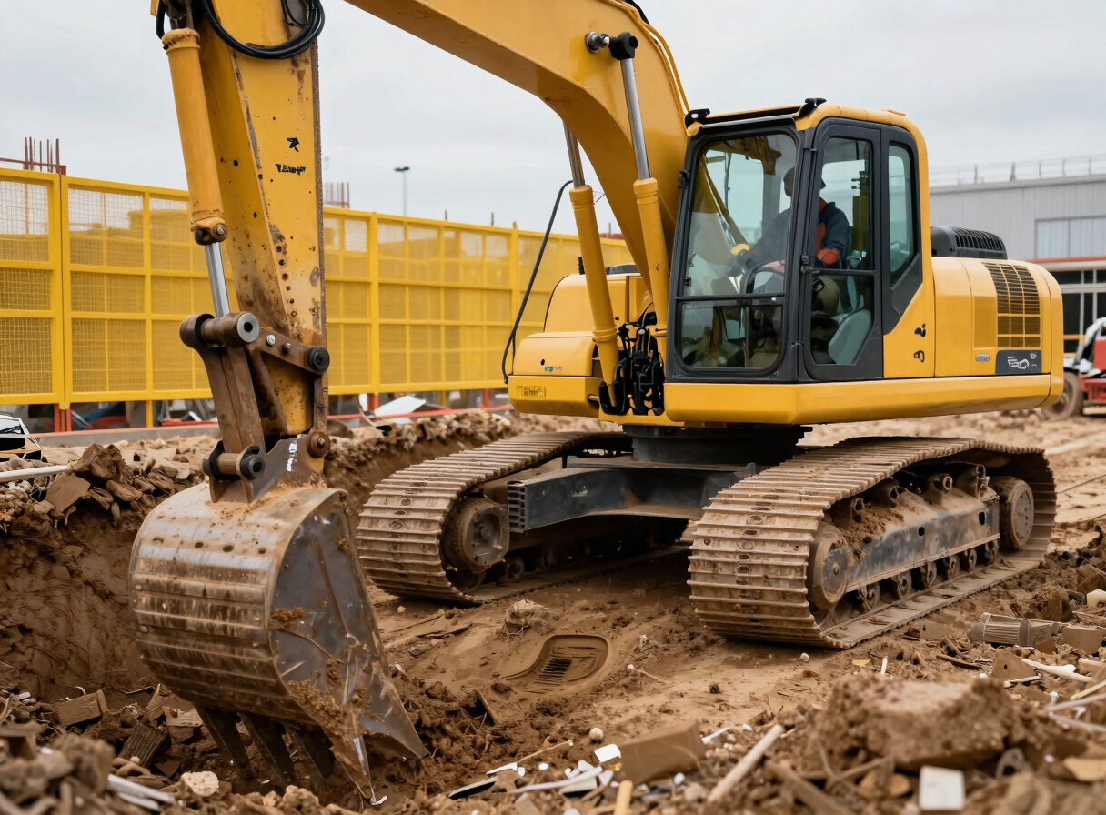 A mini-excavator digging a shallow trench on a construction site, yellow safety cage visible, operator in full PPE, sharp technical framing