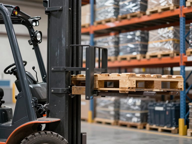 Close-up of a warehouse forklift mast and forks lifting a heavy pallet safely onto a high racking system, bright warehouse lighting, clean environment.