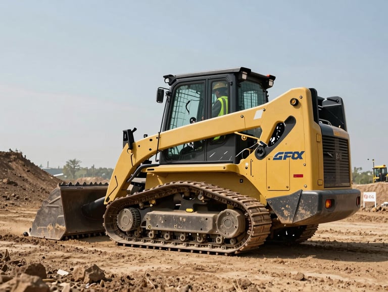 A compact track loader operating on a dirt slope, operator wearing high-vis vest and hard hat, bright daylight, side profile framing