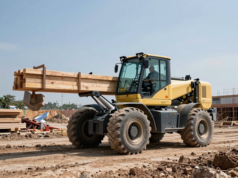 A heavy-duty rough-terrain telehandler operating on a muddy construction site, carrying a load of timber, operator wearing correct PPE, high-contrast daylight.