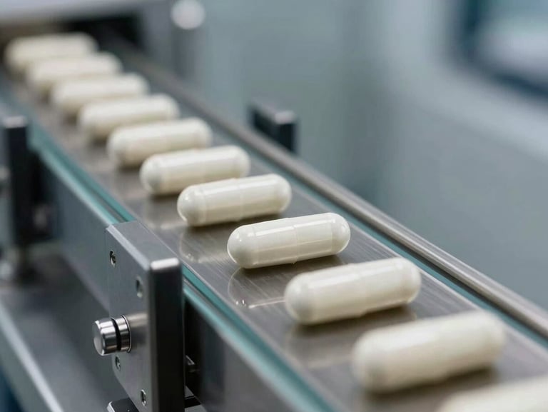 Macro shot of white supplement capsules moving on a clean, automated stainless steel conveyor belt in a clinical GMP-certified facility.