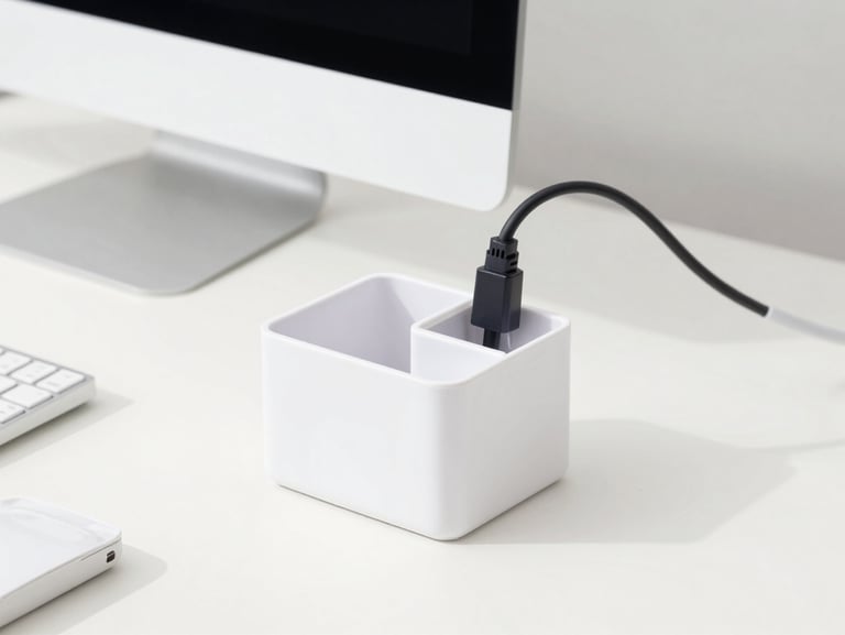 Bright high-key product photography of a clean minimalist desk setup with a smart cable organizer neatly holding wires, crisp natural light, sharp focus, 50mm lens