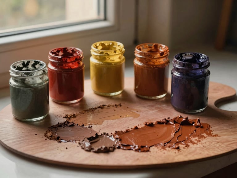 A close-up flat lay of raw earth pigments in glass jars, a wooden palette smeared with rich umber and sienna oil paints, warm golden-hour window light, highly textured.