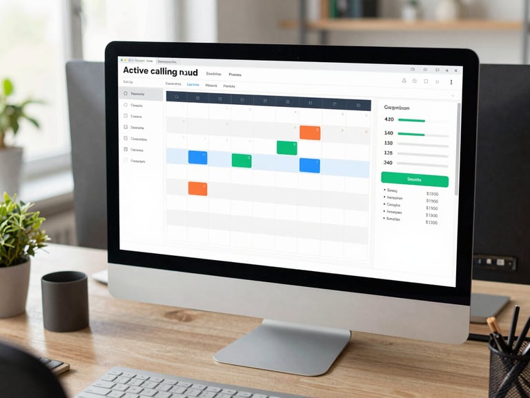 Tight functional desktop flat-lay of a modern CRM dashboard displaying active calling hours, calendar slots, and transparent billing metrics under bright office light.