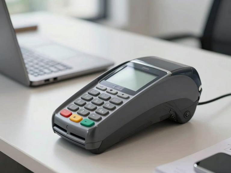 Professional close-up of a secure payment terminal and a clean desk setup under bright natural office light.