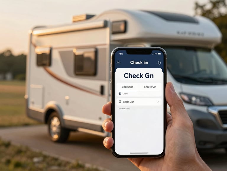 Close-up of a hand holding a smartphone displaying a clean digital check-in screen, with a modern Class A motorhome parked in a beautifully lit campsite in the background, golden-hour light.