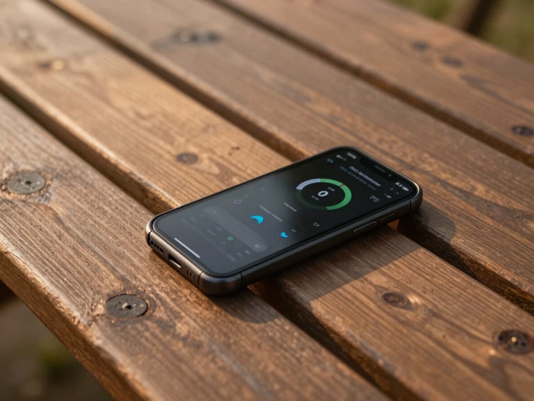 A rugged smartphone displaying real-time power and water utility monitoring status, resting on an outdoor wooden picnic table