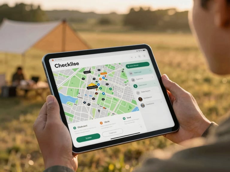 A modern tablet showing a campground map and digital check-in interface, held by a camp host outdoors at golden hour