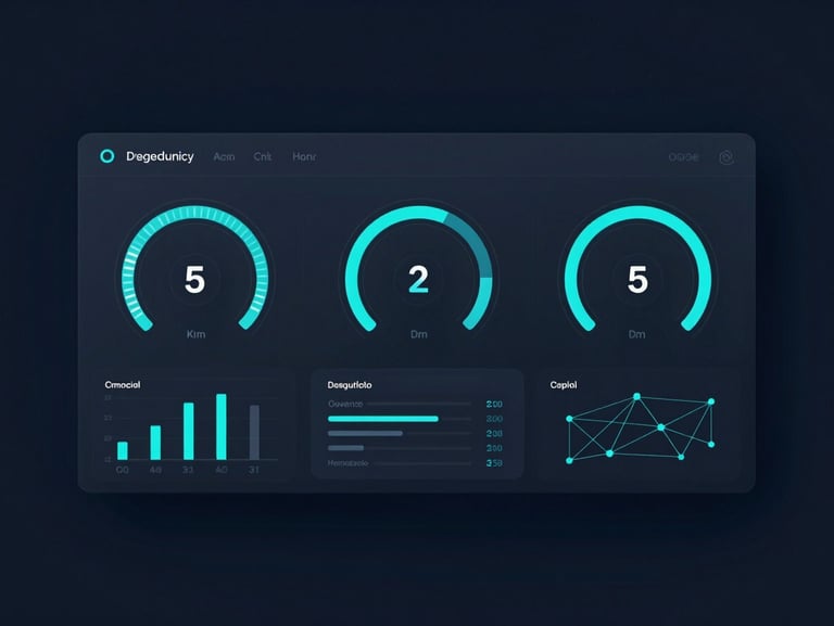 High-fidelity UI mockup of a node-based cognitive assessment interface with electric cyan progress meters and network graphs, dark midnight blue background, cool crisp lighting