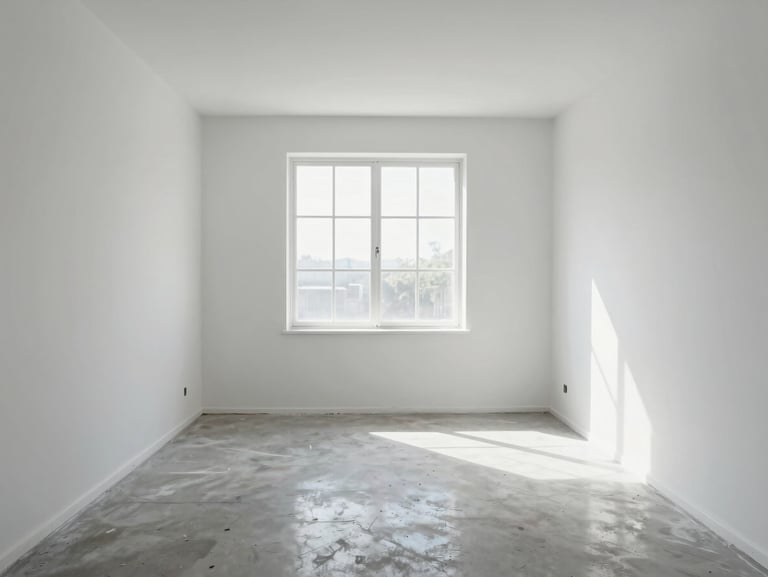 Straight-on architectural shot of a freshly painted room with crisp white walls and clean concrete floor, sunlight streaming through a large window, highlighting flawless finishes and dust-free environment.