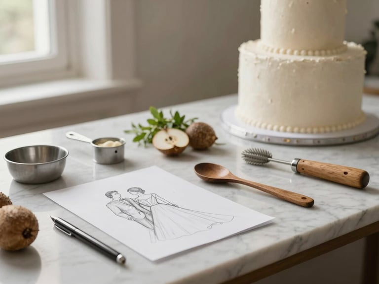 Artisanal baking tools, a sketch of a modern wedding cake, and fresh organic ingredients arranged on a clean marble counter, soft side-lit daylight