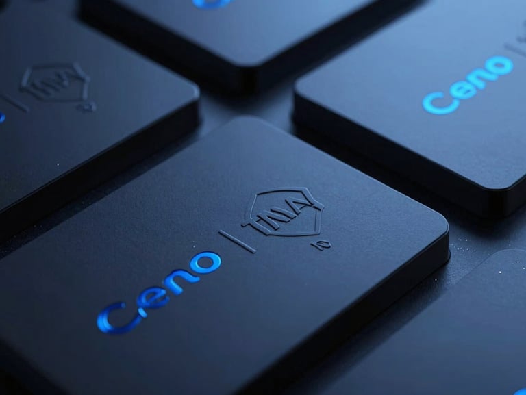 Macro shot of high-end physical brand collateral, embossed matte-black packaging with sharp blue key lights and deep shadows, sleek 3D render style, extreme close-up