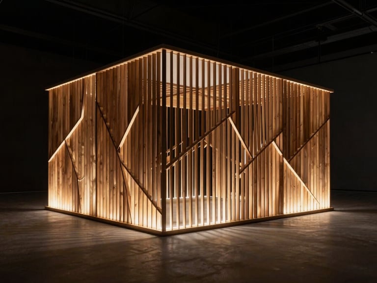 Symmetrical minimalist pavilion with complex parametric wooden slats, warm dramatic uplighting, high contrast shadows, architectural photography, sharp focus