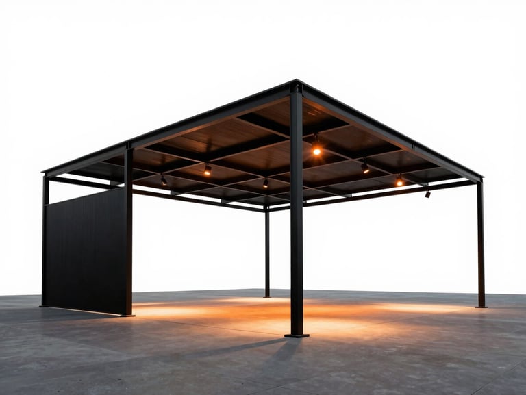 High-contrast architectural photography of a minimalist black steel exhibition pavilion, dramatic orange spotlights, sharp geometry, professional exhibition setup, 35mm