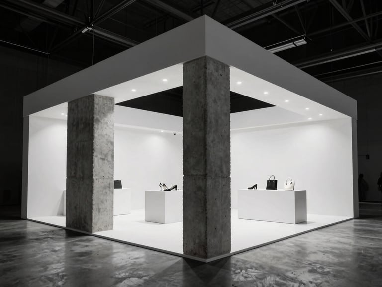 Dramatic exhibition stand for a luxury fashion brand under theatrical lighting, clean white surfaces contrasting with raw concrete textures, sharp focus, architectural photography