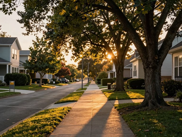 A beautiful residential street in Midland at sunset, lined with mature trees, warm golden light filtering through leaves onto a clean sidewalk.
