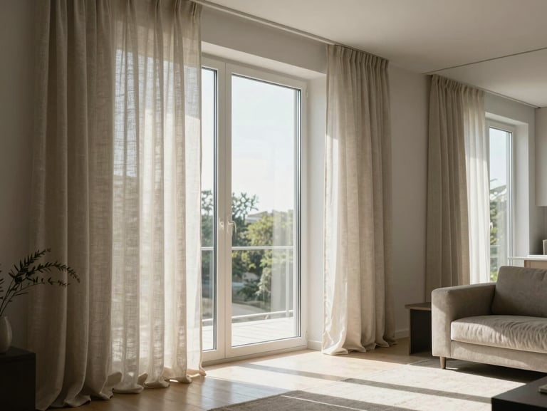 A modern, sun-drenched home interior in Odessa, featuring large windows with soft linen curtains, natural light illuminating a clean, minimalist living space.