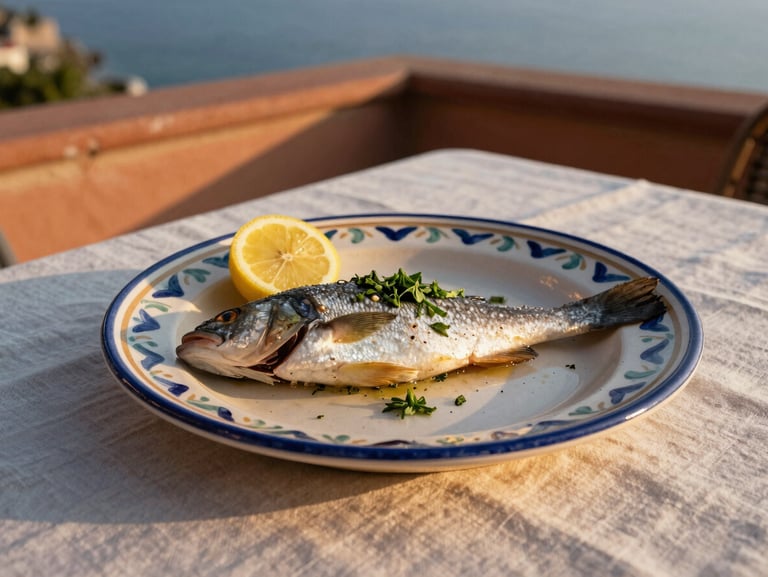 A plate of fresh local sea bass with lemon herbs, served on hand-painted Amalfi ceramic plate, sunset golden-hour Mediterranean light, linen tablecloth