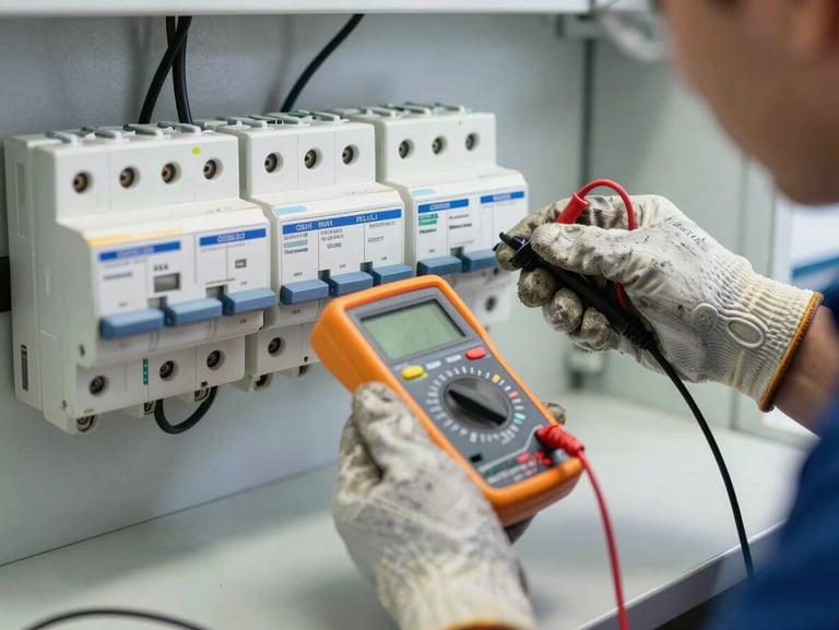 Professional electrician testing a tripping breaker with a digital multimeter, safety gloves, clean workspace