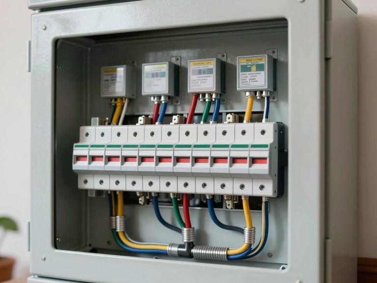 A newly installed, pristine residential distribution board with perfectly organized wiring and clear safety switches