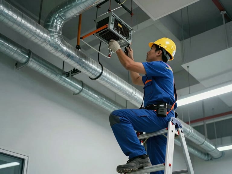 Commercial electrical maintenance in a modern Dubai office, technician checking ceiling conduits safely on a ladder