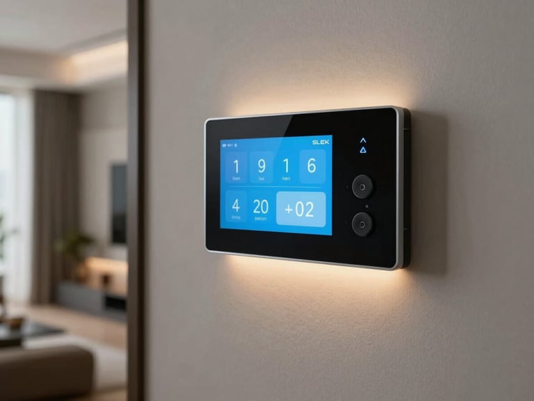 Sleek smart home touch panel mounted on a modern wall, controlling ambient lighting, elegant residential interior