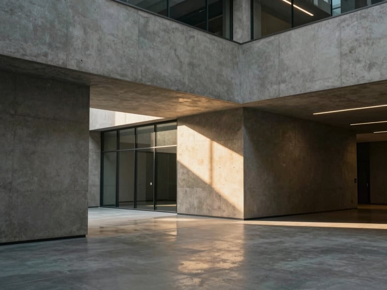 Ultra-wide cinematic shot of a minimalist concrete corporate atrium, stark shadows, warm golden light reflecting from a single glass panel.