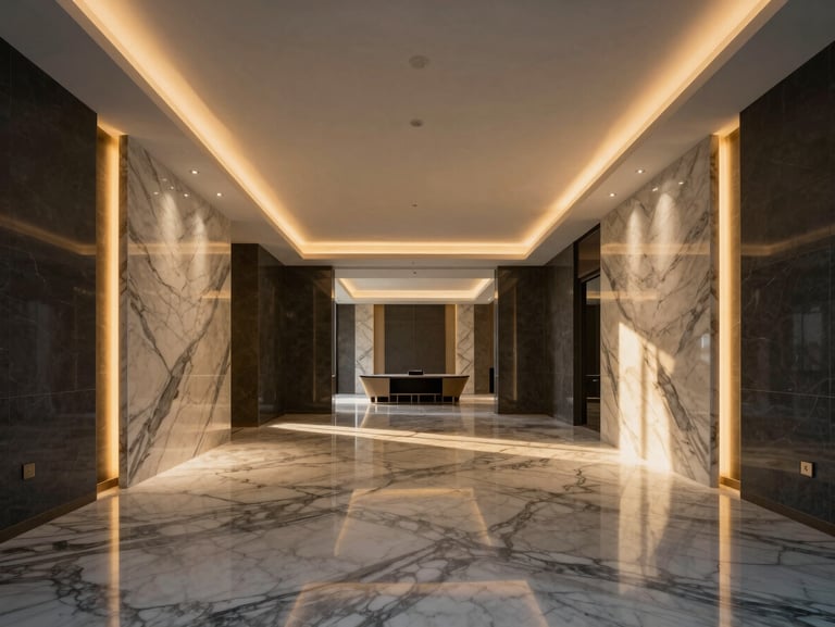 Wide shot of the exact same Riyadh villa interior fully finished, luxury marble alternative panels, integrated warm LED strips, flawless charcoal paint, elegant furniture, 35mm