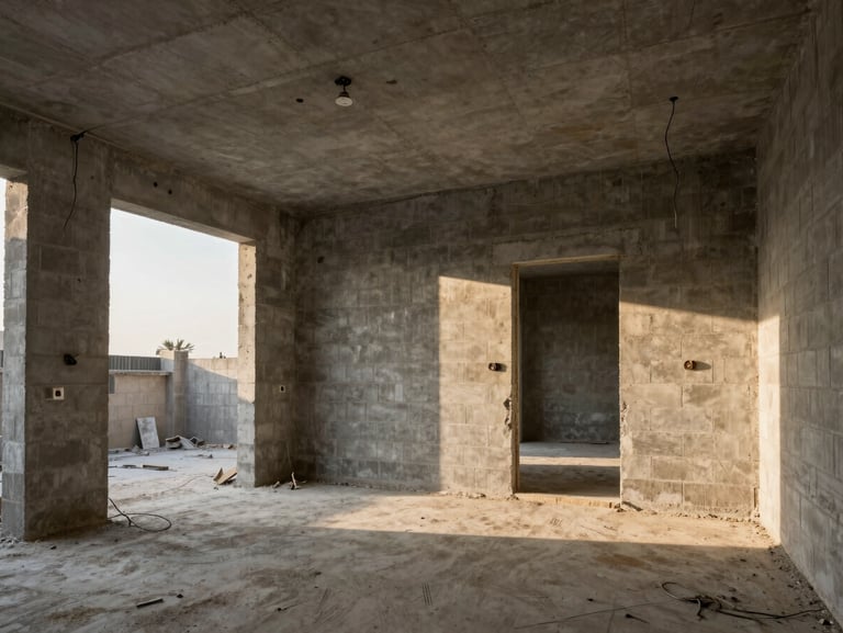 Wide shot of an unfinished concrete villa interior in Riyadh, dusty grey brick walls, exposed wires, harsh construction site lighting, raw structure