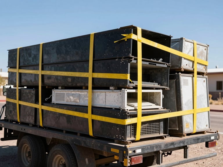 A flatbed trailer loaded with scrap metal and old appliances, secured with heavy yellow straps, bright Arizona sun, sharp focus