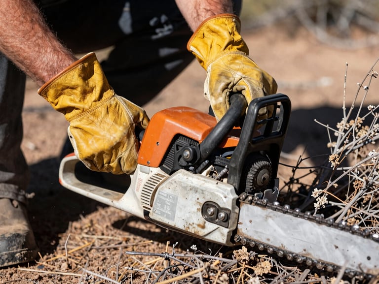 Close-up of hands in leather work gloves using a chainsaw to clear dry brush, harsh high-noon sunlight, high-contrast
