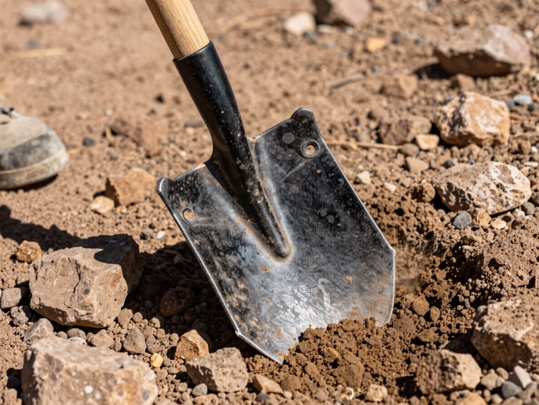 Close-up of a heavy steel shovel digging into rocky dry soil, dust rising in the bright sun, rugged outdoor work