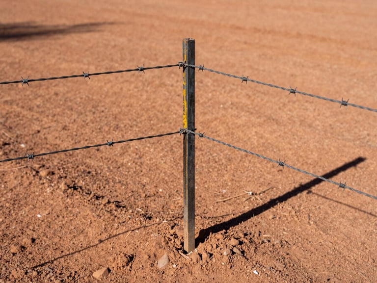 Tight shot of a clean, sturdy barbed wire fence post driven into red dirt, tension wire perfectly wrapped, long afternoon shadows
