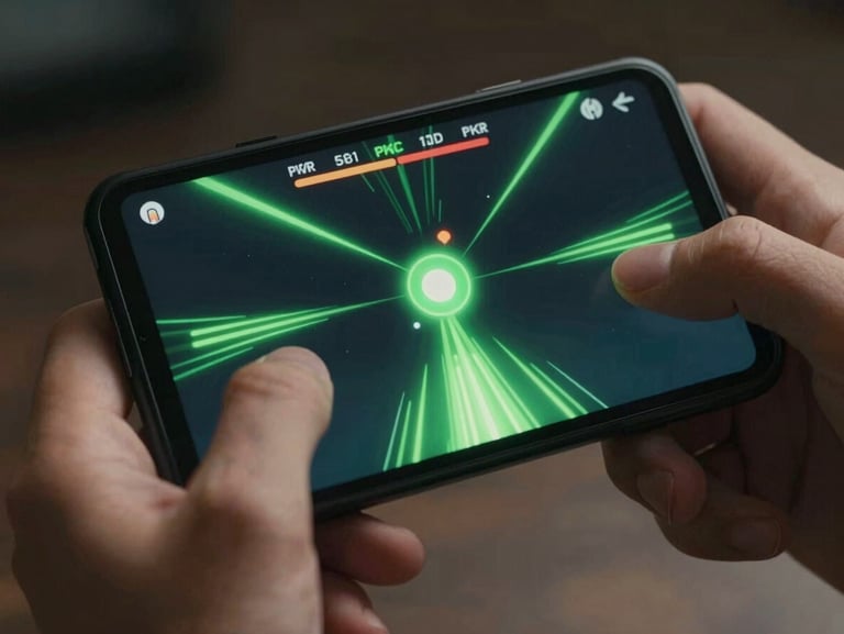 Extreme close-up of hands holding a Pixel device playing a high-speed physics-based puzzle game, neon green trails on screen, moody low-key lighting