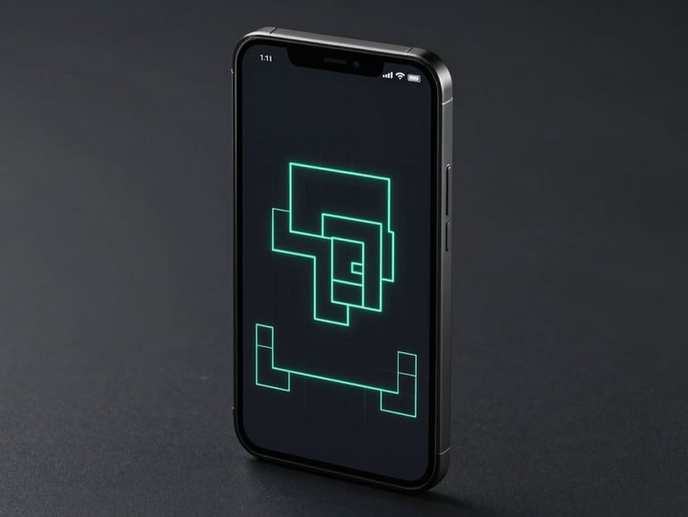 Isometric mockup of a black Pixel phone displaying a dark, minimalist vector physics puzzle game, glowing cyber-mint lines on screen, low-key lighting