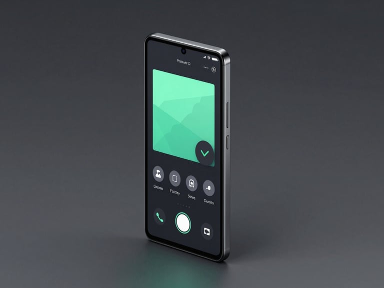 Isometric mockup of a premium Xperia phone showing a minimalist, dark-themed system utility app with cyber-mint accents, sharp studio lighting