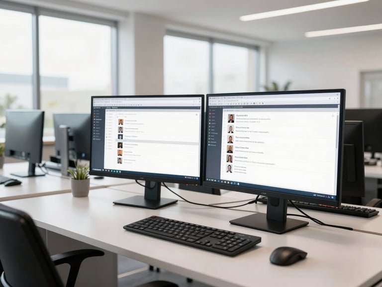Bright, modern tech workspace in Accra with clean dual-monitor setups displaying customer support queues, natural high-key daylight, wide angle.
