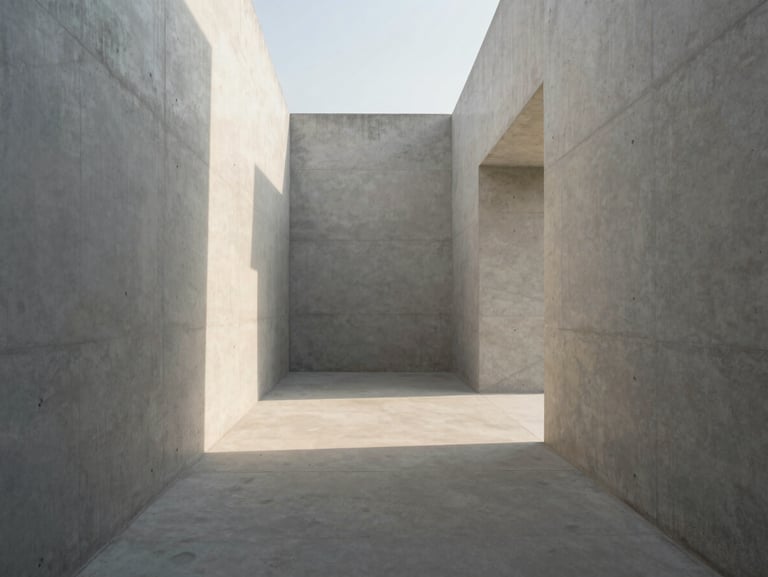 Straight-on symmetrical architectural shot of a raw concrete corridor, soft morning daylight casting long geometric shadows, minimalist, Hasselblad medium format