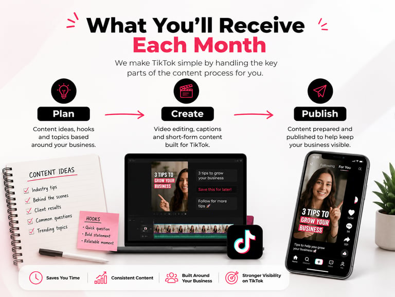 A diagram illustrating the monthly TikTok content creation process: Plan, Create, and Publish, including content ideas