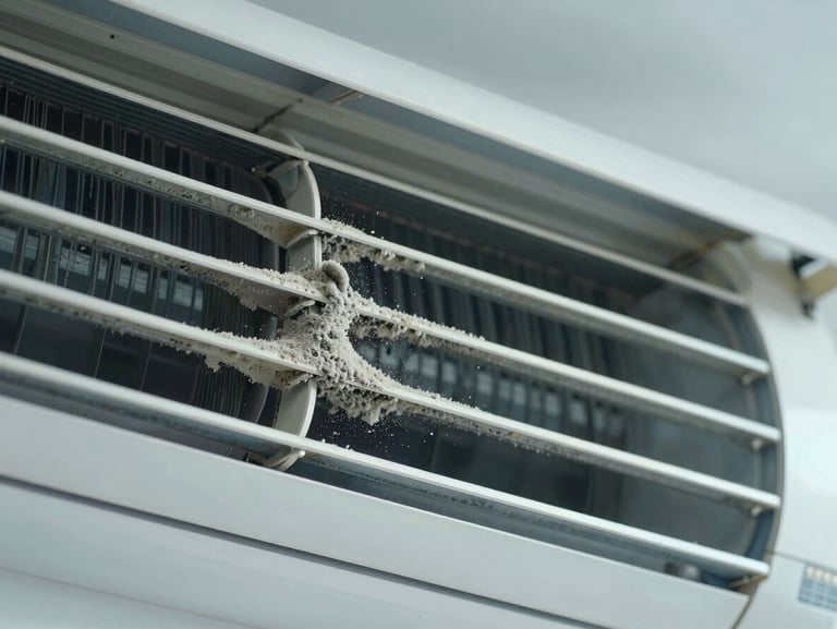 Close-up of dirty air conditioner cooling fins, thick grey dust and mold clogging the metal coils, harsh inspection light.