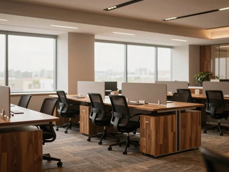 A modern open-plan office space with empty designer workstations and ergonomic chairs, clean architectural lines, soft natural light
