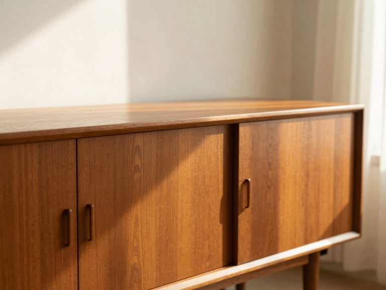 Warm editorial photography of a mid-century teak sideboard in a sunlit room, soft window light, rich amber wood tones, shallow depth of field.
